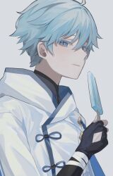 Rule 34 | 1boy, bandaged arm, bandages, black gloves, blue eyes, blue hair, chinese clothes, chongyun (genshin impact), cjsdh1000, closed mouth, fingerless gloves, food, genshin impact, gloves, grey background, hood, hood down, light blue hair, looking at viewer, male focus, popsicle, simple background, solo, upper body