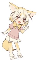 Rule 34 | 10s, 1girl, :3, :d, animal ears, blonde hair, bow, bowtie, breast pocket, brown eyes, doremifa rondo (vocaloid), extra ears, fennec (kemono friends), fox ears, fox tail, full body, fur trim, hand up, highres, kemono friends, looking at viewer, miniskirt, official art, open mouth, pink sweater, pleated skirt, pocket, short hair, short sleeves, simple background, skirt, smile, solo, sweater, tail, tama (songe), thighhighs, vocaloid, white background, white footwear, white skirt, yellow bow, yellow bowtie, yellow thighhighs, zettai ryouiki