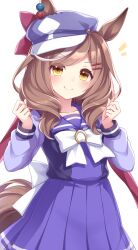 Rule 34 | 1girl, animal ears, beret, bow, breasts, brown hair, clenched hands, collarbone, commentary request, ears through headwear, hair bow, hair ornament, hairclip, hat, highres, horse ears, horse girl, horse tail, matikane tannhauser (umamusume), medium breasts, medium hair, sanotsuki, school uniform, simple background, smile, solo, tail, tracen school uniform, umamusume, white background, yellow eyes