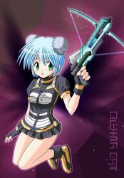 Rule 34 | 1girl, 2000s (style), blue hair, blush, bow (weapon), bun cover, crossbow, fingerless gloves, full body, gloves, green eyes, high collar, holding, holding crossbow, holding weapon, layered clothes, minami shinju, open mouth, original, phantasy star, phantasy star universe, pleated skirt, short hair, short sleeves, skirt, solo, star (symbol), weapon
