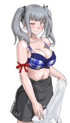 Rule 34 | ;), absurdres, alternate breast size, alternate hairstyle, bare shoulders, black ribbon, blue bra, blush, bra, breasts, brown eyes, cleavage, dated, dress, grey hair, hair ribbon, highres, kantai collection, kasumi (kancolle), large breasts, long hair, one eye closed, pinafore dress, ribbon, shirt, sleeveless dress, smile, solo, sozan, twintails, twitter username, underwear, white shirt