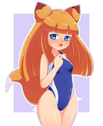 Rule 34 | 1girl, a-ktoo, animal ears, blue eyes, blue one-piece swimsuit, blunt bangs, blush, border, breasts, clenched hand, collarbone, competition swimsuit, covered navel, cowboy shot, embarrassed, fox ears, fox girl, fox tail, highleg, highleg swimsuit, long hair, medium breasts, okon (pop&#039;n music), one-piece swimsuit, open mouth, pop&#039;n music, solo, swimsuit, tail, tears, tight clothes, very long hair, white border, wide hips