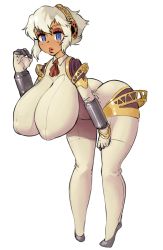 Rule 34 | 1girl, aegis (persona), android, bad id, bad tumblr id, blonde hair, blue eyes, bodysuit, borvar, breasts, gyaru, highres, huge breasts, impossible bodysuit, impossible clothes, leaning forward, lips, looking at viewer, open mouth, oral invitation, persona, persona 3, pigeon-toed, puffy nipples, robot, short hair, simple background, solo, standing, white background, white hair