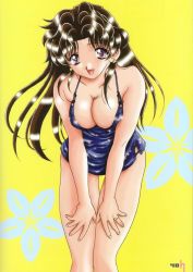 Rule 34 | 1girl, breasts, brown hair, cleavage, earrings, futari ecchi, jewelry, katsu aki, large breasts, leaning forward, long hair, looking at viewer, onoda yura, open mouth, solo, swimsuit, thigh gap, yellow background