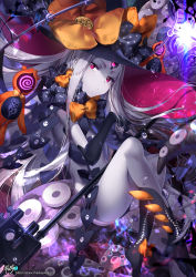 Rule 34 | 1girl, abigail williams (fate), abigail williams (third ascension) (fate), absurdres, black bow, black gloves, black hat, black panties, black socks, bow, closed mouth, commentary request, elbow gloves, fate/grand order, fate (series), gloves, glowing, hat, head tilt, highres, key, kneehighs, kyjsogom, long hair, looking at viewer, orange bow, oversized object, panties, print bow, purple eyes, revealing clothes, sitting, skull, socks, solo, star (symbol), star print, stuffed animal, stuffed toy, suction cups, teddy bear, tentacles, topless, underwear, very long hair, watermark, web address, white hair, witch hat