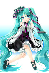 Rule 34 | 1girl, aqua hair, bad id, bad pixiv id, blue eyes, detached sleeves, doll joints, hair ribbon, hat, hatsune miku, head tilt, highres, joints, long hair, looking at viewer, mikami mika, necktie, ribbon, shoes, sitting, skirt, solo, twintails, very long hair, vocaloid