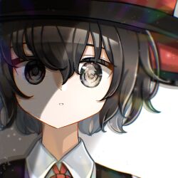 Rule 34 | 1other, a c bb, androgynous, black coat, black eyes, black hair, black hat, bow, bowtie, coat, collared shirt, cropped shoulders, empty eyes, enraku tsubakura, eye reflection, glitch, hat, highres, houlen yabusame, len&#039;en, light particles, mismatched pupils, other focus, parted lips, red bow, red bowtie, red hat, reflection, shadow, shirt, short hair, simple background, single empty eye, sleeveless, sleeveless coat, solo, straight-on, top hat, two-sided fabric, two-sided headwear, white background, white shirt