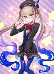 Rule 34 | 1boy, black hat, black jacket, black skirt, blazer, blue hair, blue pantyhose, blush, bow, bowtie, captain nemo (fate), crossdressing, fate/grand order, fate (series), gradient hair, green eyes, hat, hat feather, highres, jacket, light brown hair, long hair, long sleeves, low twintails, male focus, miniskirt, multicolored hair, nemo (fate), nose blush, pantyhose, pleated skirt, red bow, red bowtie, school uniform, shell ocean, skirt, smile, solo, sweatdrop, trap, twintails, very long hair