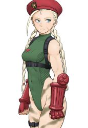 Rule 34 | 1girl, abs, ahoge, beret, blonde hair, blue eyes, bodypaint, braid, breasts, cammy white, chest harness, covered navel, fingerless gloves, gloves, green leotard, harness, hat, highleg, highleg leotard, highres, leotard, long hair, red gloves, red hat, scar, scar on face, shigenobu, simple background, small breasts, solo, street fighter, street fighter 6, twin braids, white background
