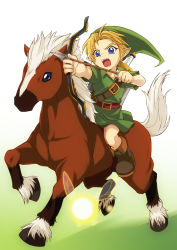 Rule 34 | 1boy, arrow (projectile), bad id, bad pixiv id, blonde hair, blue eyes, bow (weapon), drawing bow, epona, fairy, hat, holding bow (weapon), horse, koga (pasuka), link, male focus, mounted archery, nintendo, pointy ears, solo, the legend of zelda, the legend of zelda: majora&#039;s mask, the legend of zelda: ocarina of time, weapon, young link
