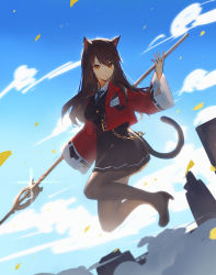 Rule 34 | 1girl, animal ears, arknights, banxuan c2ka, black dress, black footwear, black hair, black pantyhose, blue sky, breasts, cat ears, cat tail, chain, chinese commentary, cloud, commentary request, day, dress, high heels, highres, jacket, long hair, long sleeves, looking at viewer, medium breasts, necktie, open clothes, open jacket, pantyhose, partial commentary, red jacket, short dress, sky, skyfire (arknights), solo, staff, tail, wide sleeves, yellow eyes