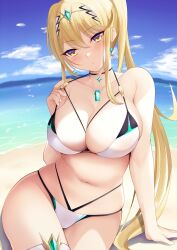 Rule 34 | beach, bikini, breasts, chest jewel, daive, highres, large breasts, mythra (xenoblade), ocean, swimsuit, water, xenoblade chronicles (series), xenoblade chronicles 2