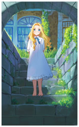Rule 34 | 1girl, barefoot, blonde hair, blue bow, blue eyes, blush, bow, dress, grass, highres, marnie (omoide no marnie), omoide no marnie, outdoors, plant, rosette (roze-ko), smile, solo, stairs, stone stairs, vines, white dress, window