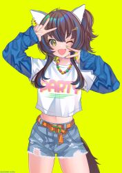 Rule 34 | 1girl, animal ears, bead necklace, beads, belt, blue shirt, blue sweater, brown hair, clothes writing, cowboy shot, cutoffs, daitaku helios (umamusume), denim, denim shorts, double v, ear covers, fang, gogat8, hair ornament, hairclip, hands up, highres, horse ears, horse girl, horse tail, jewelry, long hair, looking at viewer, midriff, multicolored hair, multicolored nails, nail polish, navel, necklace, one eye closed, open mouth, shirt, short shorts, shorts, side ponytail, simple background, skin fang, smile, solo, streaked hair, sweater, tail, twitter username, umamusume, v, v over mouth, yellow background, yellow eyes