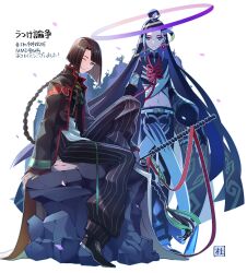 Rule 34 | 2boys, belt, black coat, black hair, black pants, blue eyes, braid, changpao, chinese clothes, closed mouth, coat, curtained hair, earrings, eyeshadow, fate/grand order, fate (series), full body, gloves, green eyes, hair rings, halo, high collar, highres, holding, jewelry, long braid, long hair, long sleeves, looking at viewer, makeup, male focus, morita yuu, multicolored eyes, multiple boys, o-ring, one eye closed, pale skin, pants, puffy long sleeves, puffy sleeves, purple eyes, red eyeshadow, red trim, rock, shirt, sitting, sitting on rock, smile, spiked boots, striped clothes, striped pants, tai gong wang (fate), taisui xingjun (fate), tooth earrings, vertical-striped clothes, vertical-striped pants, white background