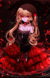 Rule 34 | 1girl, absurdres, artist name, bare shoulders, black bow, black choker, black dress, black gloves, blonde hair, bouquet, bow, breasts, bug, butterfly, choker, commentary, dress, elbow gloves, eyelashes, flower, gloves, hair between eyes, hair bow, hair flower, hair ornament, highres, holding, holding flower, insect, layered dress, leaf, long hair, looking at viewer, medium breasts, original, parted lips, petals, red eyes, red flower, red rose, rose, rose petals, sheya, signature, smile, solo, strapless, strapless dress, twintails