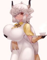 Rule 34 | 1girl, :3, absurdres, animal ears, breast lift, breasts, brown hair, cup, dress, extra ears, gloves, hair over one eye, highres, horns, huge breasts, kemono friends, light smile, long hair, looking at viewer, notora, ox ears, ox horns, short sleeves, simple background, solo, tray, white background, white dress, white hair, yak (kemono friends)