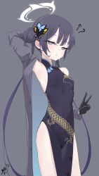 Rule 34 | 1girl, ?, ??, absurdres, arm up, armpits, black dress, black gloves, black hair, black jacket, blue archive, blush, breasts, china dress, chinese clothes, dress, gloves, grey eyes, hair bun, halo, highres, jacket, kisaki (blue archive), long hair, looking at viewer, off shoulder, pinstripe jacket, pinstripe pattern, rnekon215, small breasts, solo, striped, sweat, twintails, v
