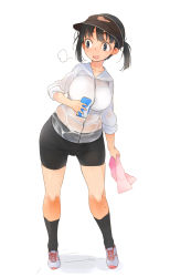 Rule 34 | 1girl, aka ume, bike shorts, black eyes, black hair, black socks, breath, can, highres, open mouth, original, see-through, shoes, short twintails, sneakers, socks, solo, towel, twintails, white background