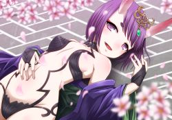 Rule 34 | 1girl, cherry blossoms, fate/grand order, fate (series), flower, hand on own stomach, highres, horns, japanese clothes, jewelry, kimono, lying, midriff, navel, off shoulder, on back, oni, oomochi (16215775), shuten douji (fate), solo