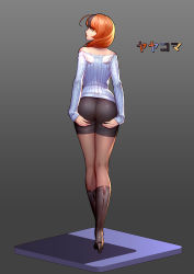Rule 34 | 10s, 1girl, ass, ass support, bike shorts, black shorts, boots, creatures (company), fletchling, from behind, full body, game freak, gen 6 pokemon, hands on own hips, high heel boots, high heels, highres, legs, lips, long hair, long sleeves, looking at viewer, nintendo, off shoulder, orange hair, original, personification, pokemon, pokemon xy, ryushin, shorts, sideways glance, simple background, solo, standing, translated, wings, yellow eyes