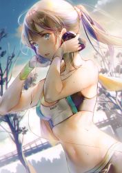 Rule 34 | 1girl, absurdres, bare shoulders, blue eyes, blue sky, blurry, breasts, brown hair, cloud, collarbone, day, depth of field, dsmile, hair ornament, hair scrunchie, headphones, highres, holding, long hair, looking at viewer, medium breasts, midriff, navel, original, outdoors, parted lips, ponytail, scan, scrunchie, sidelocks, sky, solo, sports bra, stomach, sunlight, sweat, sweatband, upper body
