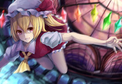 Rule 34 | 1girl, akira (mr akira), ascot, blonde hair, flandre scarlet, flying, grin, hat, hat ribbon, indoors, looking at viewer, mob cap, motion blur, outstretched arms, puffy short sleeves, puffy sleeves, red eyes, ribbon, short hair, short sleeves, side ponytail, skirt, skirt set, slit pupils, smile, solo, spread arms, touhou, window, wings