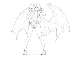 Rule 34 | 2girls, armpits, basket, bat wings, breasts, claws, clothes, conjoined, extra arms, female focus, hand in own hair, hand on own hip, helena and kassandra, katkooki, long hair, looking at viewer, materclaws, monochrome, multi arm, multi head, multi limb, multiple girls, nipples, shirt, shirt grab, smile, tail, wings