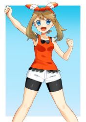 Rule 34 | 1girl, :d, absurdres, arm up, armpits, bad id, bad pixiv id, bike shorts, black shorts, blue background, blue eyes, bow, brown hair, collarbone, creatures (company), floating hair, game freak, hair bow, hairband, highres, long hair, looking at viewer, may (pokemon), nintendo, open mouth, pokemon, pokemon oras, red hairband, red shirt, shirt, short shorts, shorts, shorts under shorts, sleeveless, sleeveless shirt, smile, solo, standing, striped, striped bow, twintails, v-shaped eyebrows, white background, white shorts, yuihico