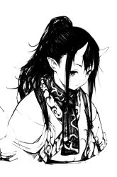 Rule 34 | 1girl, ascot, black hair, bored, closed mouth, greyscale, high ponytail, highres, horns, japanese clothes, kimono, long hair, looking to the side, monochrome, monster girl, oni, oni girl, oni horns, original, pointy ears, ponytail, scarf, shiro shougun, simple background, solo, tasuki, upper body, white background