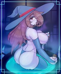 Rule 34 | 1girl, ass, bikini, breasts, brown hair, detached sleeves, hair over one eye, hat, highres, huge breasts, large breasts, little witch academia, long hair, red eyes, scuttlefish, sideboob, solo, sucy manbavaran, swimsuit, witch hat