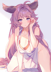 Rule 34 | 1girl, ahoge, aki663, all fours, alternate costume, animal ears, blush, breasts, cleavage, collarbone, erune, frown, granblue fantasy, tucking hair, large breasts, long hair, looking at viewer, nipples, pelvic curtain, pink hair, purple eyes, pussy, revealing clothes, see-through, solo, tien (granblue fantasy), very long hair