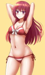 Rule 34 | 1girl, armpits, arms up, bare shoulders, bikini, blush, bow, breasts, cleavage, commentary, cowboy shot, gluteal fold, groin, highres, kanojo mo kanojo, kazenokaze, legs apart, linea alba, long hair, looking at viewer, lowleg, lowleg bikini, navel, purple eyes, red bikini, red hair, saki saki (kanojo mo kanojo), side-tie bikini bottom, simple background, small breasts, smile, solo, standing, stomach, swimsuit, thighs, white bow, yellow background