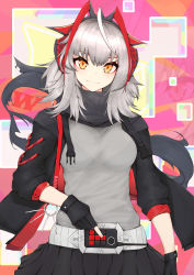 Rule 34 | 1girl, abstract background, absurdres, ahoge, antennae, arknights, belt, black gloves, black jacket, black scarf, black skirt, breasts, character name, clothes writing, cowboy shot, demon horns, detonator, diamond-shaped pupils, diamond (shape), dodo (yatotoyatoto), fingerless gloves, gloves, grey hair, grey shirt, highres, horns, jacket, kamen rider, looking at viewer, medium hair, nail polish, open clothes, open jacket, pleated skirt, red nails, rhodes island logo (arknights), scarf, shirt, skirt, sleeves past elbows, small breasts, smile, solo, symbol-shaped pupils, w (arknights), yellow eyes