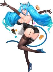 Rule 34 | 1girl, animal ears, aqua hair, ass, aurora (last origin), black leotard, blush, breasts, brown gloves, brown thighhighs, cake, cat ears, cat tail, detached sleeves, drill hair, elbow gloves, food, from behind, full body, gloves, hair between eyes, high heels, highres, large breasts, last origin, leg lift, leotard, long hair, looking at viewer, looking back, macaron, maid headdress, multicolored hair, official alternate costume, official art, open mouth, pie, pink eyes, pink hair, pocky, sideboob, smile, snowball22, solo, streaked hair, tachi-e, tail, thighhighs, transparent background, twin drills