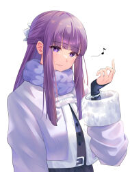 Rule 34 | 1girl, blunt bangs, bracelet, closed mouth, coat, fern (sousou no frieren), fur-trimmed sleeves, fur trim, hair ornament, hand up, highres, jewelry, light smile, long hair, long sleeves, looking at viewer, musical note, purple eyes, purple hair, purple scarf, scarf, simple background, solo, sousou no frieren, spoken musical note, upper body, uyufuzi s, white background, white coat