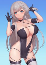 Rule 34 | 1girl, absurdres, azur lane, bare shoulders, black gloves, blue background, blue eyes, blush, breasts, gloves, grey hair, highres, large breasts, long hair, looking at viewer, mole, mole under eye, navel, official alternate costume, pinkcap, race queen, shoukaku (azur lane), shoukaku (sororal wings) (azur lane), simple background, skindentation, thighhighs, thighs, white thighhighs