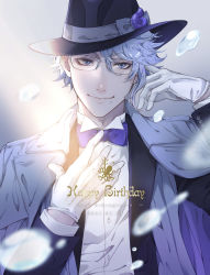 Rule 34 | 1boy, absurdres, aym4800, azul ashengrotto, black jacket, blue eyes, bow, bowtie, closed mouth, coat, coat on shoulders, dated, falling petals, formal, glasses, gloves, grey coat, happy birthday, hat, hat ornament, hat ribbon, highres, jacket, looking at viewer, male focus, mole, mole under mouth, petals, purple bow, purple bowtie, ribbon, shirt, short hair, silver hair, smile, solo, twisted wonderland, upper body, white gloves, white petals, white shirt