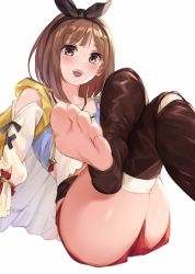 Rule 34 | 1girl, atelier ryza, barefoot, blush, brown eyes, brown hair, feet, hair ornament, hairband, hairclip, highres, crossed legs, looking at viewer, open mouth, reisalin stout, shorts, soles, toeless legwear, toes