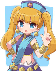 Rule 34 | 1girl, :o, aisha sari edonas, bare shoulders, blue background, blue eyes, blue hat, blush, breasts, brown hair, crop top, earrings, falcom, hand on own hip, hand up, hat, highres, index finger raised, jewelry, long hair, looking at viewer, midriff, naga u, navel, open mouth, purple shirt, purple skirt, revision, shirt, skirt, sleeveless, sleeveless shirt, small breasts, solo, twintails, two-tone background, very long hair, white background, ys, ys seven