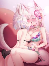 Rule 34 | 2girls, absurdres, ahoge, animal ear fluff, animal ears, ass, bare shoulders, bikini, black bikini, blue eyes, blush, bracelet, braid, breast press, breasts, chair, collarbone, commission, cowboy shot, fingernails, flower, fox ears, fox girl, french braid, french kiss, hair flower, hair ornament, half-closed eyes, heart, highres, holding hands, jewelry, kiss, large breasts, long hair, looking at another, medium breasts, mixed-language commentary, moleshi, multicolored nails, multiple girls, nail polish, necklace, pink eyes, pink hair, pixiv commission, plaid, plaid bikini, saliva, sitting, sparkle, swimsuit, tail, thighs, tongue, tongue out, vrchat, white hair, wristband, yuri