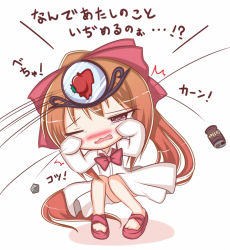Rule 34 | 1girl, blush, bow, bowtie, can, chibi, crying, crying with eyes open, drink can, hair ornament, komakoma (magicaltale), long hair, long sleeves, motion lines, ole tower, orange hair, red bow, red bowtie, red eyes, rubbing eyes, sleeves past wrists, soda can, solo, standing, tears, translation request, water pump pliers (ole tower)