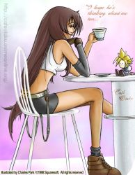 Rule 34 | 1990s (style), breasts, chair, cloud strife, cup, drinking, final fantasy, final fantasy vii, from behind, legs, stuffed toy, table, tea, teacup, tifa lockhart