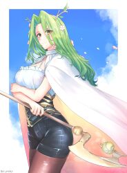 Rule 34 | 1girl, absurdres, antlers, blush, branch, breasts, cape, ceres fauna, cleavage, cloak, cosplay, flower, green hair, hair flower, hair ornament, highres, holding, hololive, hololive english, horns, large breasts, long hair, looking at viewer, methode (sousou no frieren), methode (sousou no frieren) (cosplay), mole, mole under eye, multicolored hair, pantyhose, pantyhose under shorts, parted bangs, shorts, sky, solo, sousou no frieren, staff, the raineman, tree horns, virtual youtuber, white cloak, yellow eyes