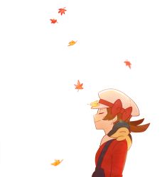 Rule 34 | 1girl, autumn leaves, bow, brown hair, cabbie hat, closed eyes, closed mouth, commentary request, creatures (company), cyndaquil, falling leaves, from side, game freak, gen 2 pokemon, hat, hat bow, jaho, leaf, long hair, lyra (pokemon), nintendo, on shoulder, pokemon, pokemon (creature), pokemon hgss, pokemon on shoulder, red bow, red shirt, shirt, smile, twintails, upper body, white background, white headwear