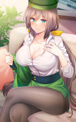 Rule 34 | 1girl, aqua eyes, breasts, brown hair, brown pantyhose, cleavage, closed mouth, collarbone, collared shirt, commentary request, commission, couch, crossed legs, green skirt, hair between eyes, hair ribbon, hayakawa tazuna, highres, large breasts, long hair, looking at viewer, low twintails, on couch, pantyhose, pencil skirt, pixiv commission, revision, ribbon, rui shi (rayze ray), shirt, skirt, smile, solo, twintails, umamusume, white shirt, yellow ribbon