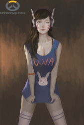 Rule 34 | 1girl, ;), absurdres, armlet, bare shoulders, breasts, brown eyes, brown hair, character name, cleavage, closed mouth, clothes pull, clothes writing, collarbone, copyright name, cowboy shot, d.va (overwatch), emblem, eyelashes, facial mark, headphones, heart, highres, large breasts, leaning forward, lips, lipstick, logo, long hair, looking at viewer, makeup, naked shirt, one eye closed, overwatch, overwatch 1, pink lips, shirt, shirt pull, sleeveless, sleeveless shirt, smile, solo, swept bangs, thighhighs, whisker markings, white thighhighs