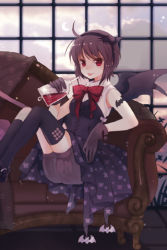 Rule 34 | 1girl, :p, bat (animal), blood, blood bag, brown hair, couch, dark lore, gloves, gothic lolita, lolita fashion, lowres, red eyes, rednian, rion flina, short hair, shorts, solo, sword girls, thighhighs, tongue, tongue out, vampire, wings
