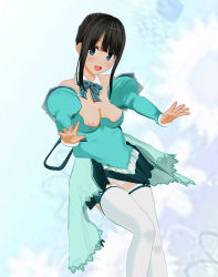 Rule 34 | 1girl, 3d, areola slip, black hair, blue bow, blue bowtie, blue eyes, blush, bow, bowtie, breasts, classmate daisuki, cleavage, collarbone, cosplay, detached collar, dress, green dress, hasegawa akemi, hasegawa akemi (cosplay), highres, long sleeves, looking at viewer, medium breasts, nipple slip, nipples, no bra, open mouth, panties, pantyshot, pia carrot (series), pia carrot e youkoso!!, pia carrot e youkoso!! 3, puffy sleeves, reaching, reaching towards viewer, short hair, sidelocks, smile, solo, standing, teeth, thighhighs, underwear, white panties, white thighhighs