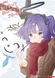 Rule 34 | 1girl, absurdres, blue archive, brown cardigan, cardigan, commentary request, doodle sensei (blue archive), enobun3gyo, hair ornament, halo, highres, long sleeves, looking at viewer, outdoors, parted bangs, purple eyes, purple hair, red scarf, scarf, selfie, sensei (blue archive), smile, snow, snowman, solo, triangle hair ornament, v, yuuka (blue archive)